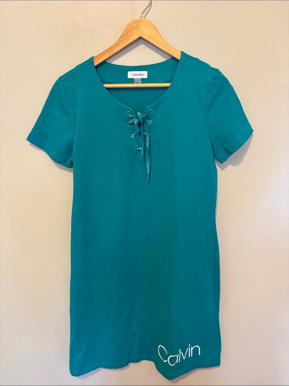 Calvin Klein Teal Lace-Up Short Sleeve Dress